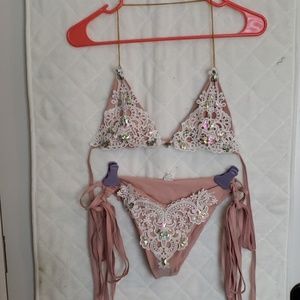 SHEIN Lace Overlay Halter Tie Side Bikini Set Sz L